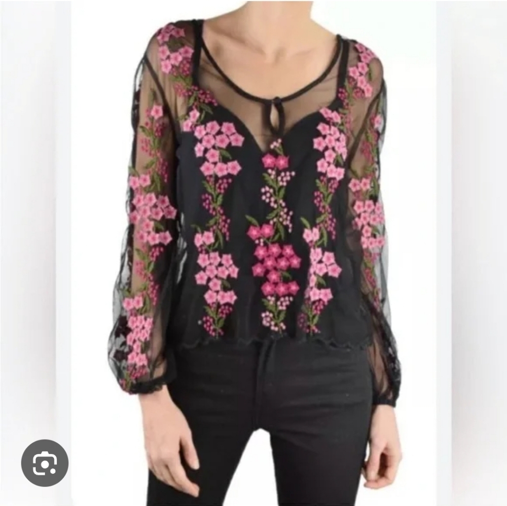 Floral Embroidered Sheer Black Top St Roche Size Small